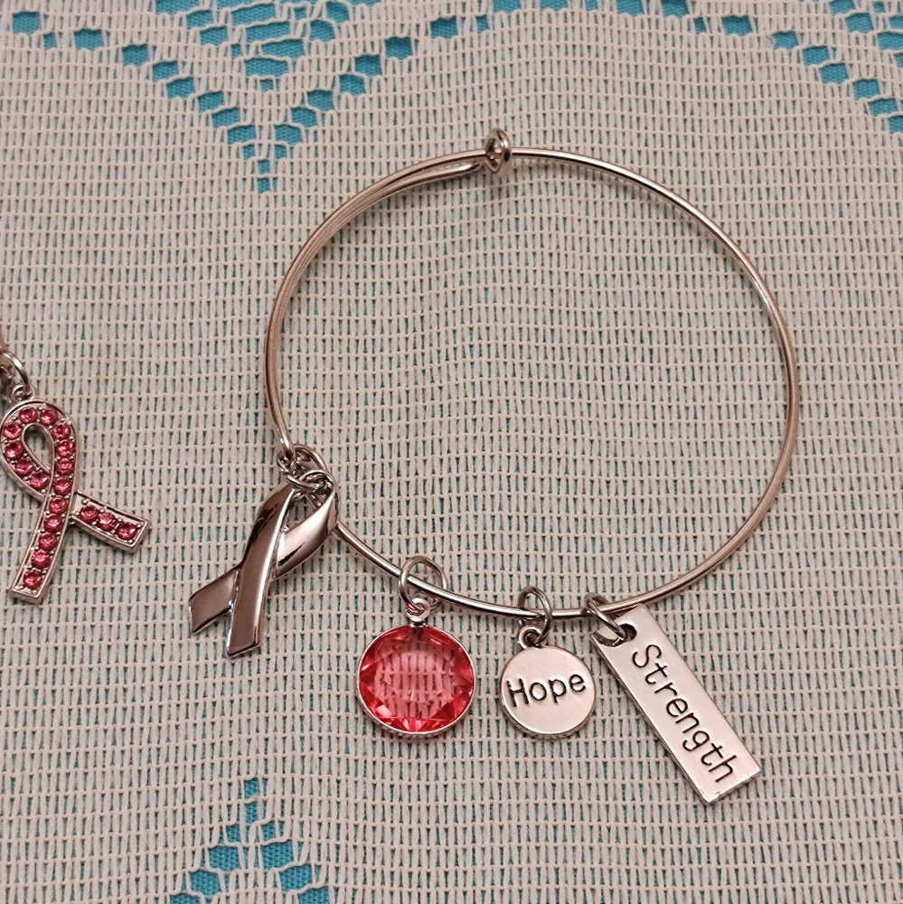 2 Breast Cancer Awareness Pink Ribbon Silver Tone Bracelet Set Strength HopePr - Picture 3 of 6